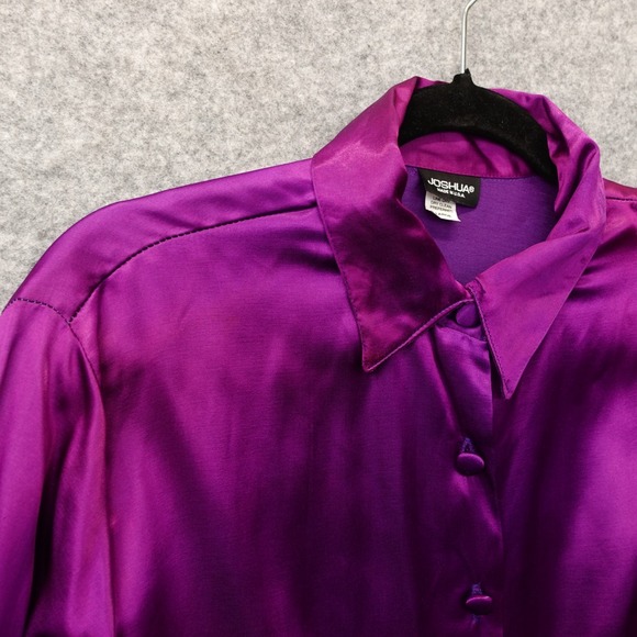 Vintage Purple Satin Button Up Shirt Womens L Magenta Retro 70s USA Made JOSHUA - Picture 10 of 13